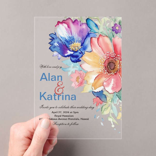 Bold Wildflower Garden Blue Pink Peach Floral Acrylic Invitations (Insitu (Handheld))