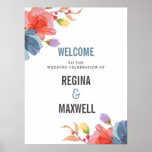 Bold Wildflowers Blue wedding Welcome Poster