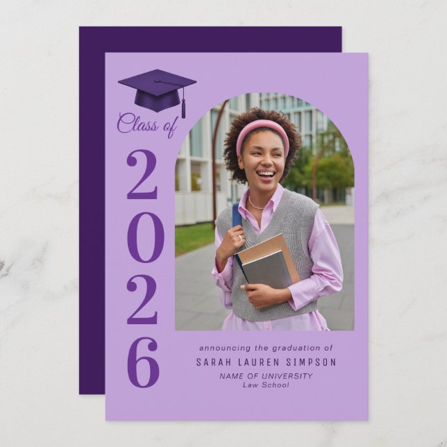 Bold year purple graduation photo announcement (Front/Back)