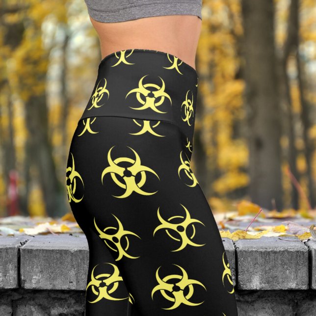 Bold Yellow and Black Biohazard Pattern Yoga Capri Leggings (Biohazard Yellow on Black)