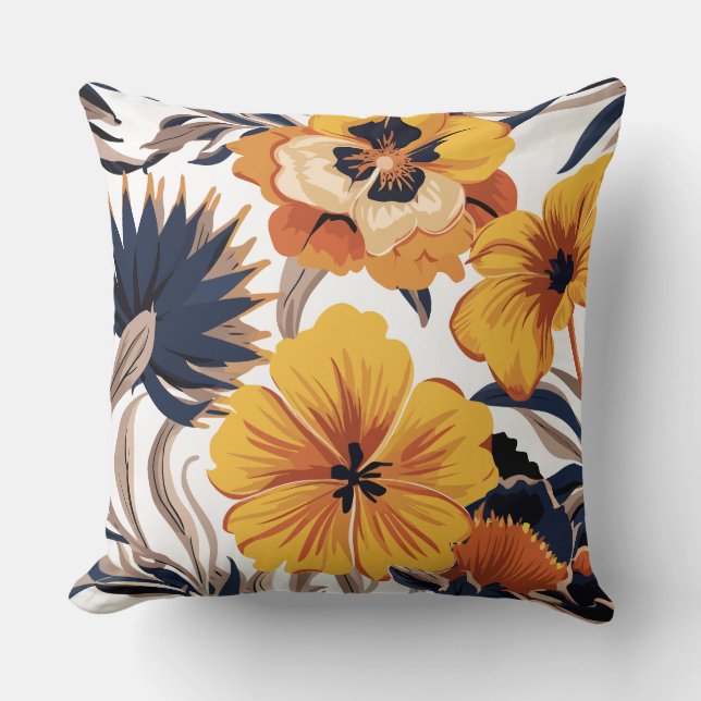 Bold Yellow and Navy Floral Harmony Cushion (Front)