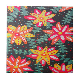 Bold Yellow and Orange Flowers on Black Stone Coa Ceramic Tile