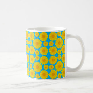 Bold Yellow and Orange Flowers on Blue Background Coffee Mug