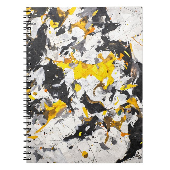 Bold Yellow Black White Abstract Motion Notebook (Front)