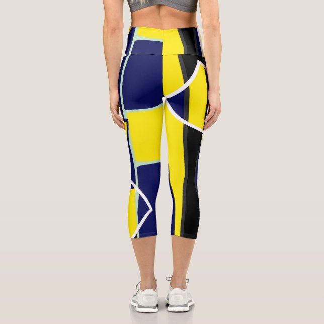 Bold Yellow Blue Black Abstract Art Lines Capri Leggings (Back)
