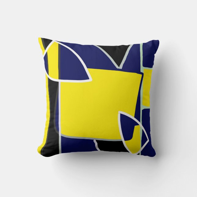 Bold Yellow Blue Black Abstract Art Lines Cushion (Front)