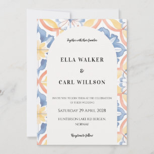 Bold Yellow Blue Orange Italian Tile Wedding Invitation