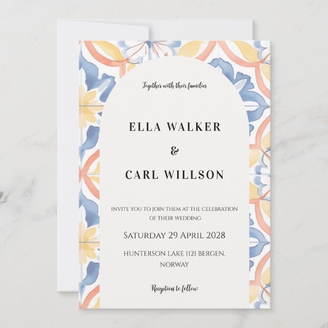 Bold Yellow Blue Orange Italian Tile Wedding Invitation (Front)