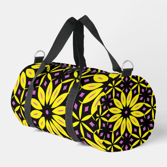 Bold Yellow Geometric Retro Flower Pattern Duffle Bag (Left Corner)