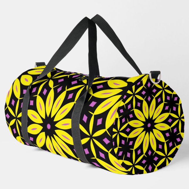 Bold Yellow Geometric Retro Flower Pattern Duffle Bag (Left Corner)
