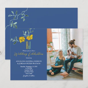 Bold Yellow Navy Blue Monogram Photo Wedding Invitation