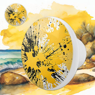 Bold Yellow Paint Splatters Modern Art Ceramic Knob
