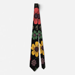 Bold Yellow, Red, and Green Floral on Black Tie
