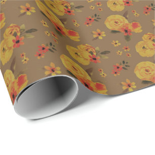 Bold Yellow Roses and Fall Florals on Brown Wrapping Paper