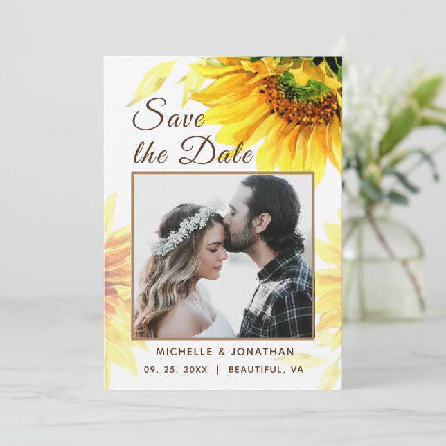 Bold Yellow Sunflower Photograph Wedding Save The Date (Standing Front)