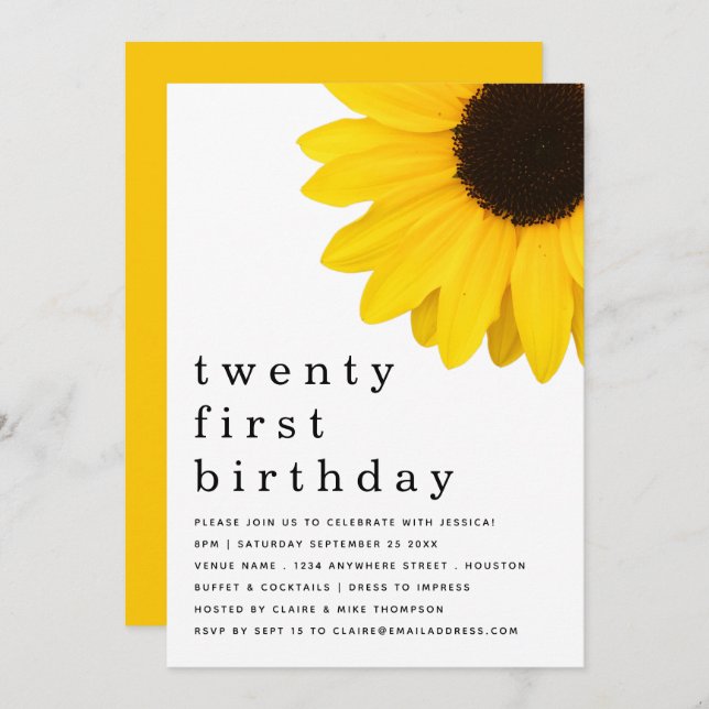 Bold Yellow Sunflower Twenty First Birthday Party Invitation (Front/Back)