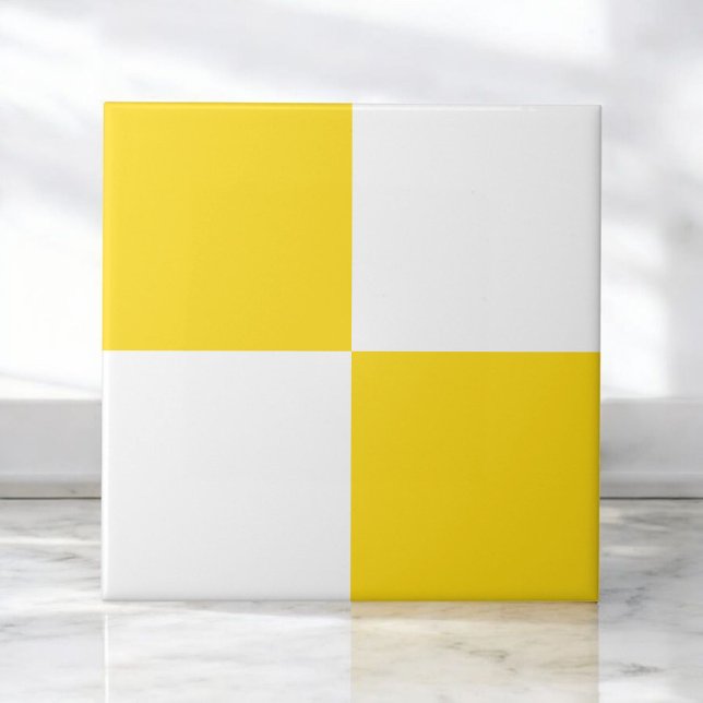 Bold Yellow & White Chequerboard Monochrome  Ceramic Tile (Creator Uploaded)