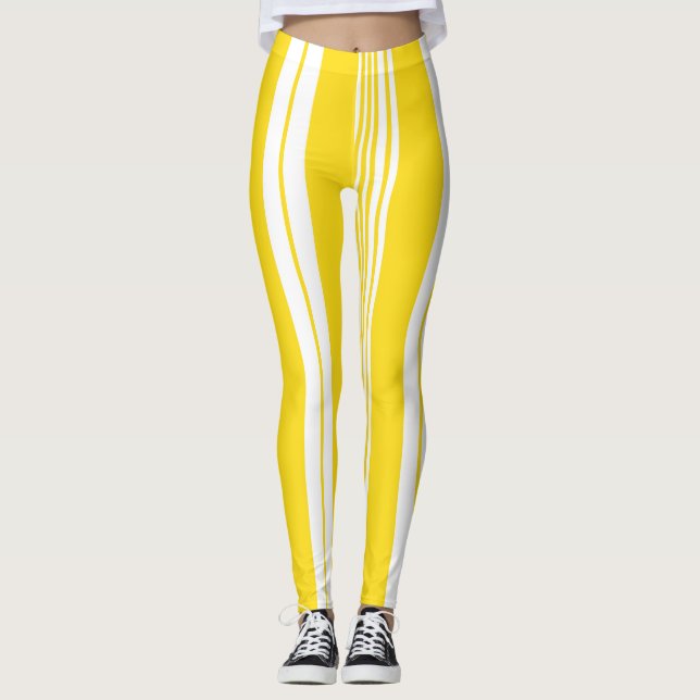 Bold Yellow White Wide Deckchair Striped Sporty Leggings (Front)