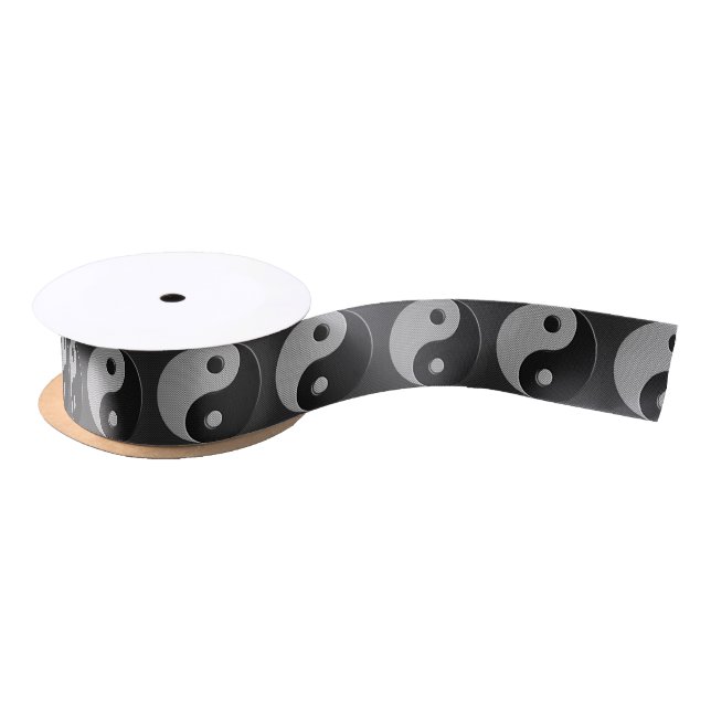 Bold Yin Yang in Carbon Fibre Print Style Satin Ribbon (Spool)