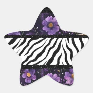 Bold zebra purple floral black colour tote bag star sticker