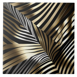 Bold Zebra Stripes - Black, Gold, Silver design Ceramic Tile