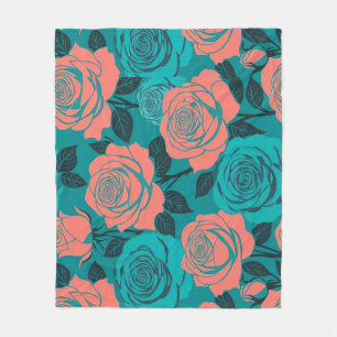 Boldly Stylised Roses In Shades Of Teal And Turquo Fleece Blanket