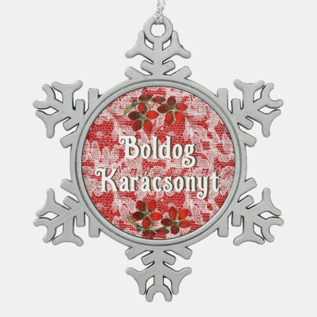 Boldog Karácsonyt | Merry Christmas in Hungarian Snowflake Pewter Christmas Ornament (Front)