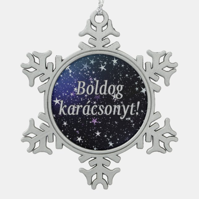 Boldog karácsonyt! Merry Christmas in Hungarian wf Snowflake Pewter Christmas Ornament (Front)