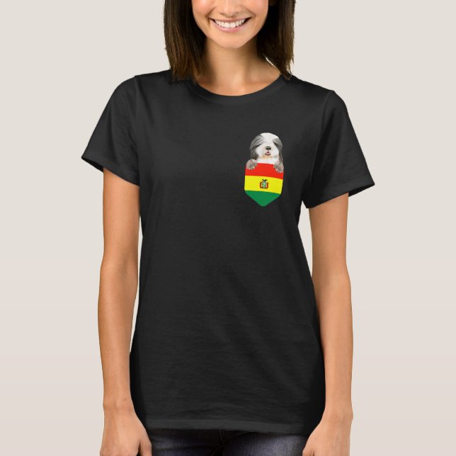 Bolivia Flag Bearded Collie Dog In Pocket T-Shirt (Front)