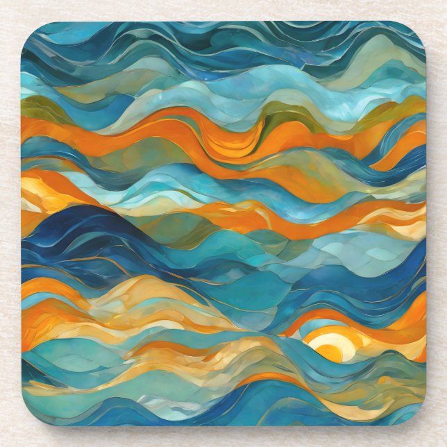 "Bolonia" Blue Green Orange Waves Coaster (Front)
