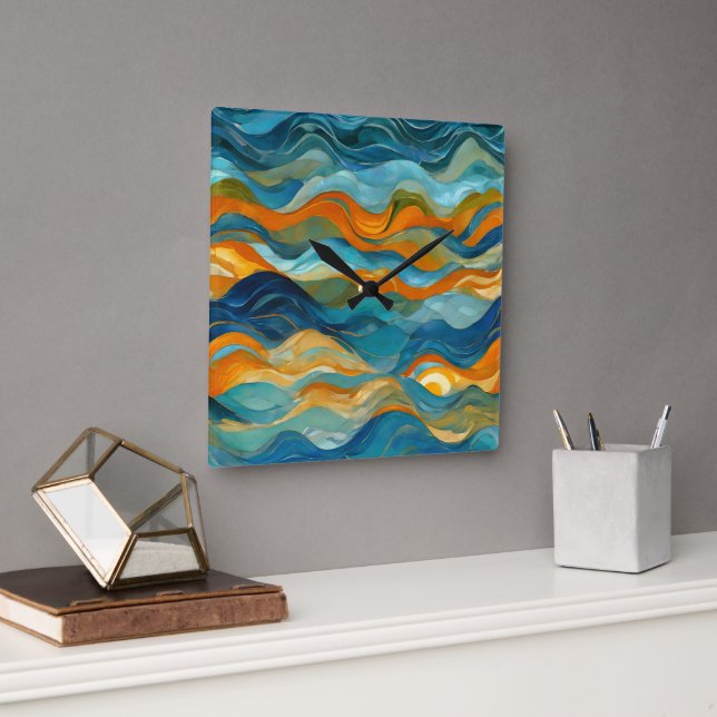 "Bolonia" Blue Green Orange Waves Square Wall Clock (Office)
