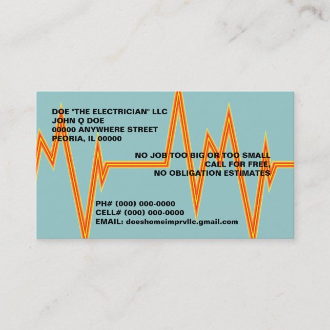 BOLT OF ELECTRICITY ELECTRICIAN'S BUSINESS CARDS (Front)