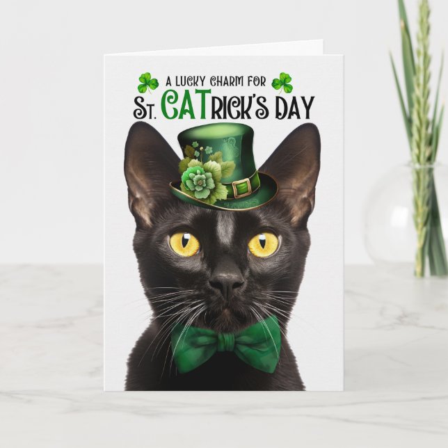 Bombay Black Cat St. CATrick's Day Lucky Charm Holiday Card (Front)