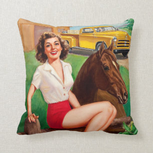 BOMBSHELL BAD GIRLS Retro Farm Girl & Horse Cushion
