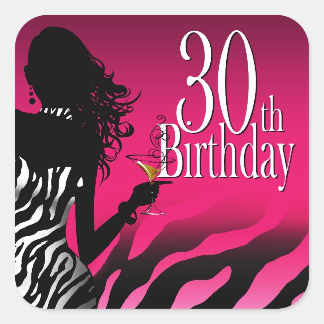 Bombshell Zebra 30th Birthday Party Fuschia Square Sticker (Front)