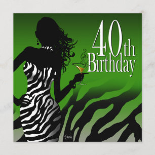 Bombshell Zebra 40th Birthday Party Bottle Green Invitation