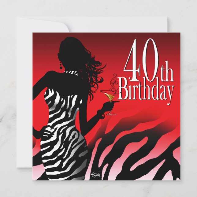 Bombshell Zebra 40th Birthday Party Red Invitation (Front)