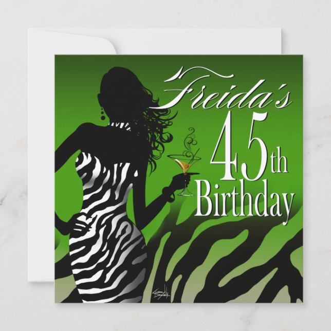 Bombshell Zebra 45th Birthday | green Invitation (Front)