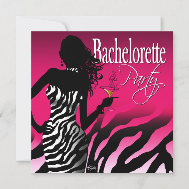 Bombshell Zebra Bachelorette Ladies Night fuschia Invitation (Front)