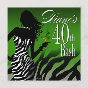 Bombshell Zebra Diane's 40th Birthday Green Invitation