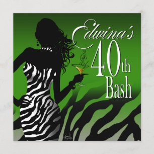 Bombshell Zebra Edwina's 40th Birthday Green Invitation