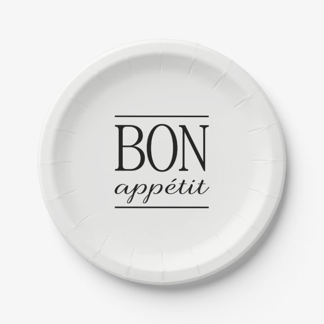 BON APPETIT Black Kitchen Quote Typography Text Paper Plate (Front)