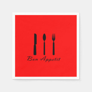 Bon Appetit Black Silverware on Red Paper Napkin
