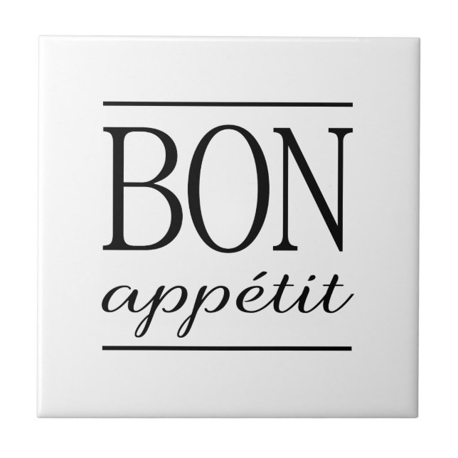 BON APPETIT Black & White Kitchen Typography Quote Ceramic Tile (Front)