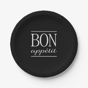 BON APPETIT Black & White Typography Food Quote Paper Plate