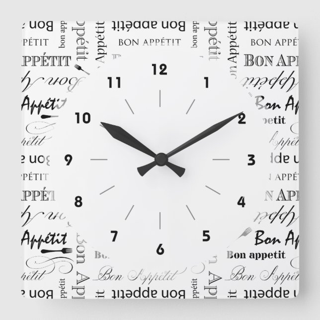 Bon Appetit Classic Black and White Pattern Square Wall Clock (Front)