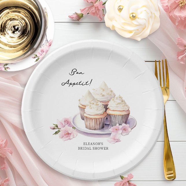 Bon Appetit Cupcakes and Pink Flowers Paper Plate (Paper Plates from Cupcakes and Cava Bridal Shower Collection by Darling & May)