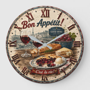 Bon Appétit French Paris Wine & Cheese Rustic Café Large Clock