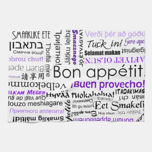 Bon appetit in other languages - purple tea towel (Horizontal)