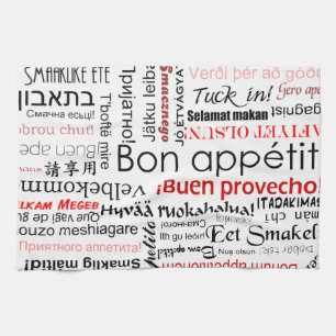 Bon appetit in other languages - red tea towel